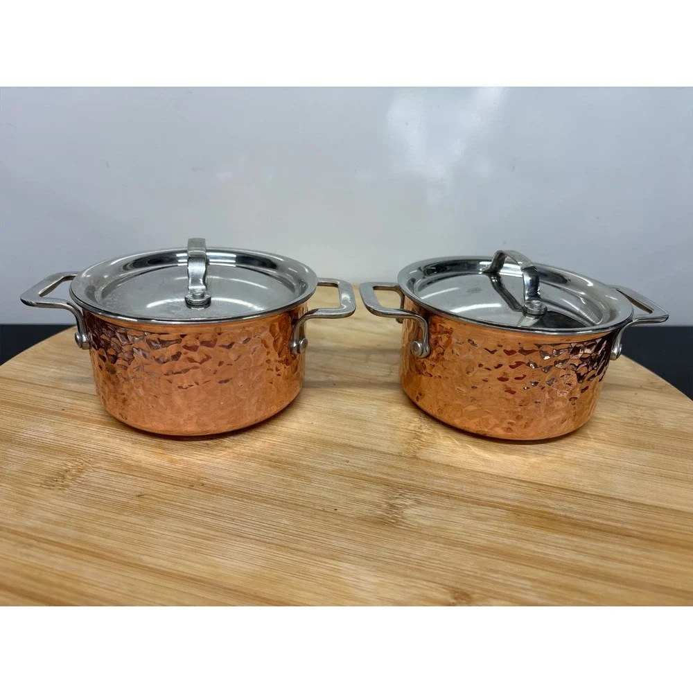 Williams Sonoma Mini Copper Pot Cocottes Set of 2 Hammered Style 0.5 QT.